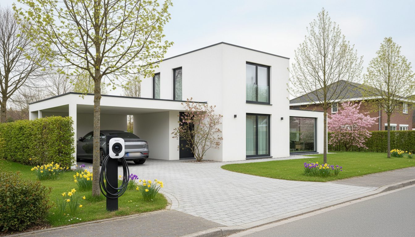 laadpaal installatie bij moderne villa in Flandre