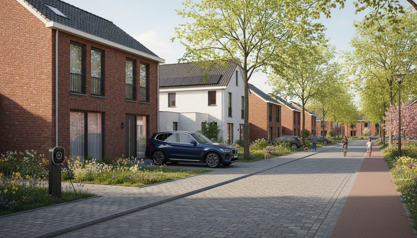 Straatbeeld met laadpaal op woning in Flandre